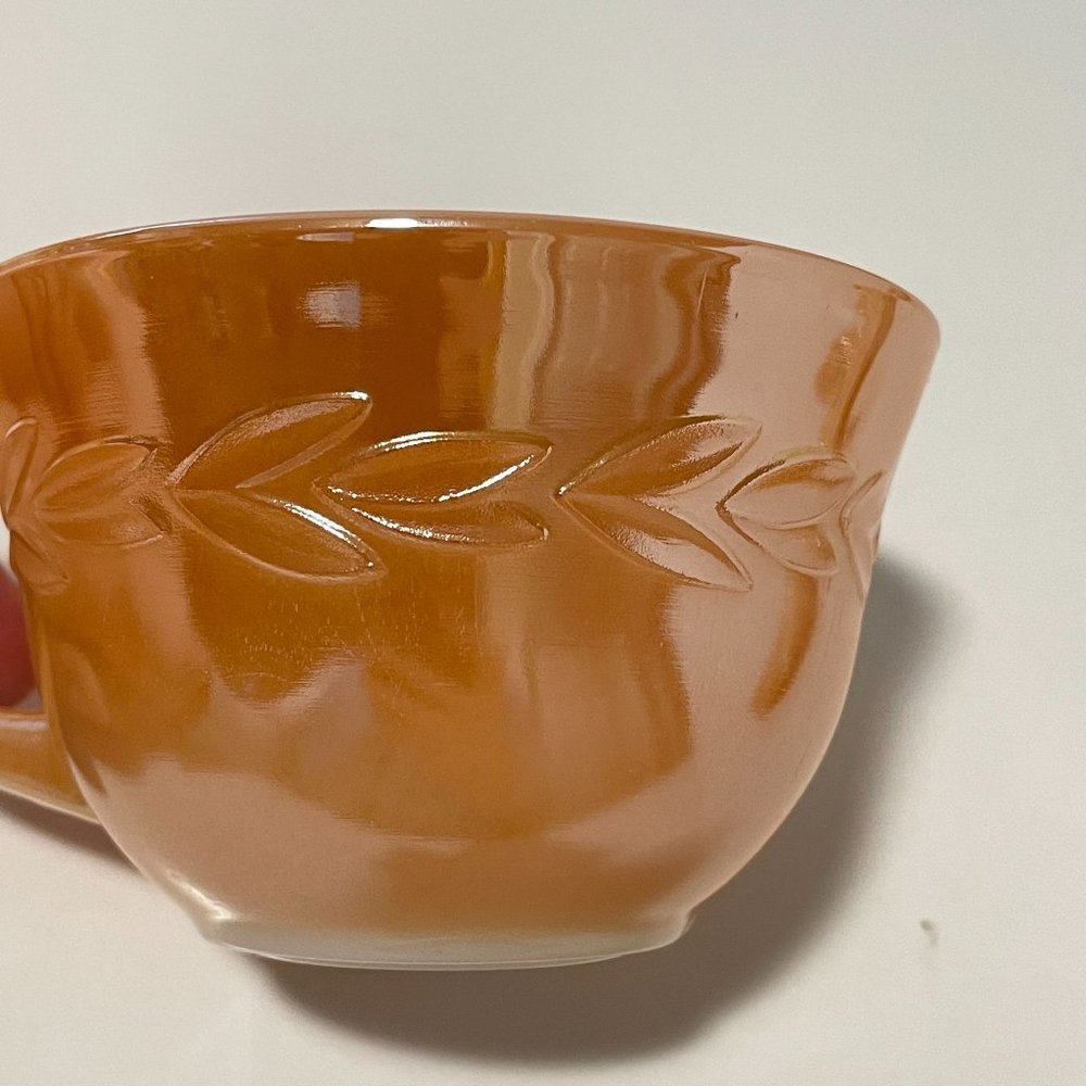 Vintage Fire King Peach Lustre Laurel Leaf Iridescent Cups and Saucers Set of 5 - Picture 6 of 16
